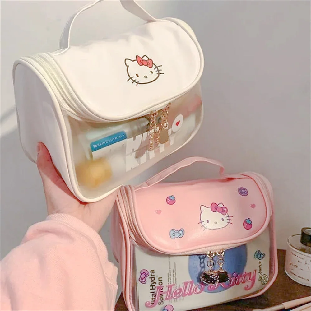 Color: Orange - Sanrio Kawaii Hello Kitty Zipper Makeup Bag Black Beauty Cinnamon Roll Large Capacity Waterproof portable Millennium Girls Wash