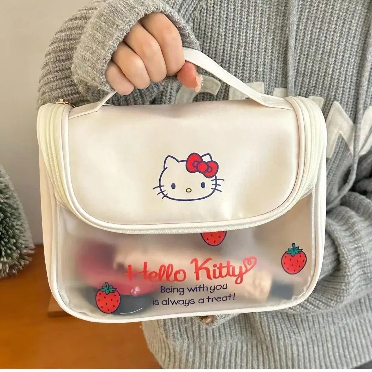 Color: Orange - Sanrio Kawaii Hello Kitty Zipper Makeup Bag Black Beauty Cinnamon Roll Large Capacity Waterproof portable Millennium Girls Wash