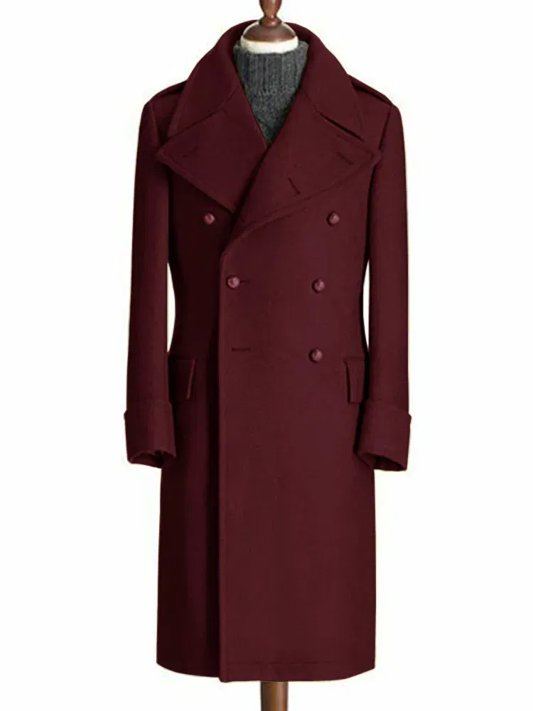 Color: Burgundy, Size: 6XL - Windbreak Men's Jacket Wool Long Coat Lapel Double Breasted Men's Trench Coats Windbreakers Jackets Man Winter 2023 Martens Male