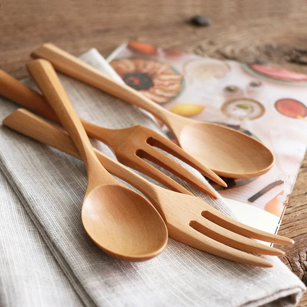 Color: green - Creative Design Thick Handle Wood Spoon Fork Portable Tableware Wooden Cutlery Sets Travel Dinnerware Environmental Kitchen Tool