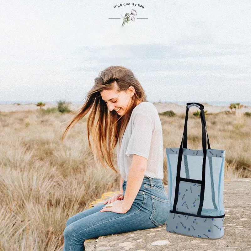 Color: Gold - High Capacity Women Mesh Transparent Bag Double-layer Heat Preservation Large Picnic Beach Bags