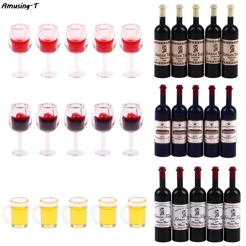 Color: Sky blue - 2/4/5/10pcs Miniature Resin beer cups Red Wine bottles Model Kitchen Furniture Accessory dinnerware Dollhouse Summer Must