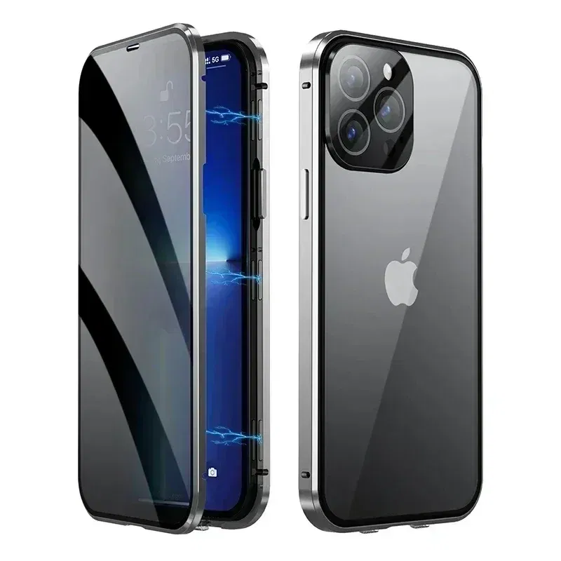 Color: Silver, Material: Genuine Leather - Double-Sided Privacy Magnetic Case For iPhone 16 12 13 14 15 11 Pro Max 14 Plus 16 Plus Anti Peeping Full Cover Metal Frame Case