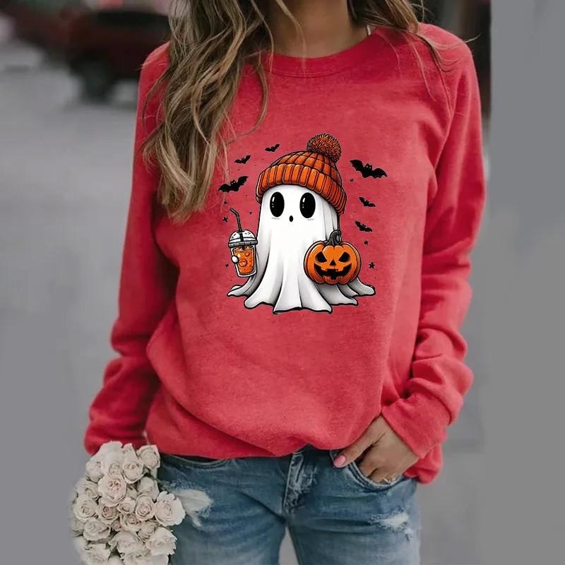 Color: Red, Size: L - Cute Ghost Pattern Sweater Women's Casual Halloween Ghost Harajuku Pullover Fall Women's Tops