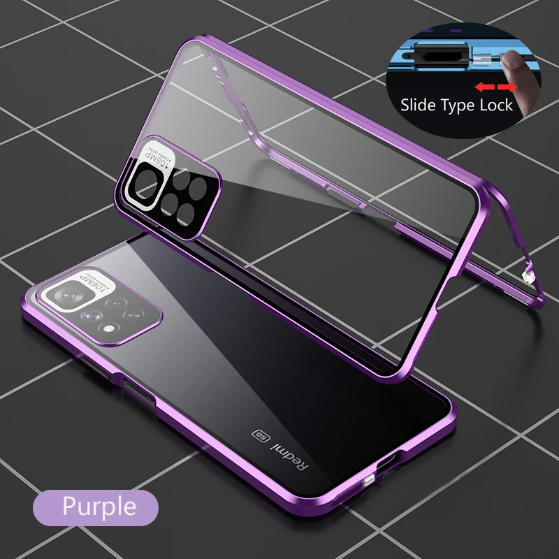 Color: Silver, Bundle: Case & Screen Protector, Material: aluminum - Full Protection Case Metal Magnetic Double Sided Glass Snap Lock Case For XiaoMi Redmi Note 13 Pro Plus 5G Bumper Phone Cover