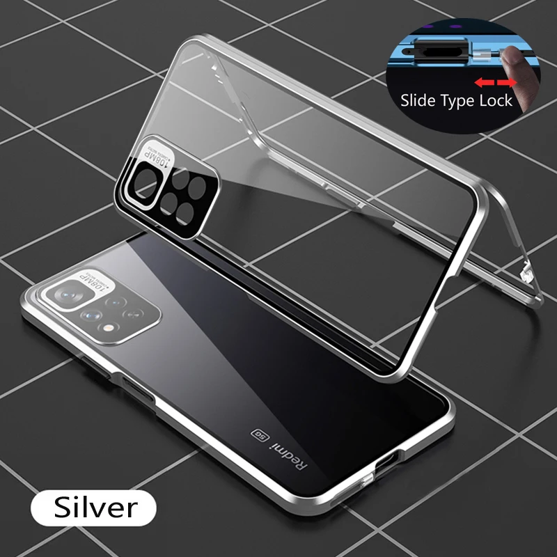 Color: Silver, Bundle: Case & Screen Protector, Material: aluminum - Full Protection Case Metal Magnetic Double Sided Glass Snap Lock Case For XiaoMi Redmi Note 13 Pro Plus 5G Bumper Phone Cover