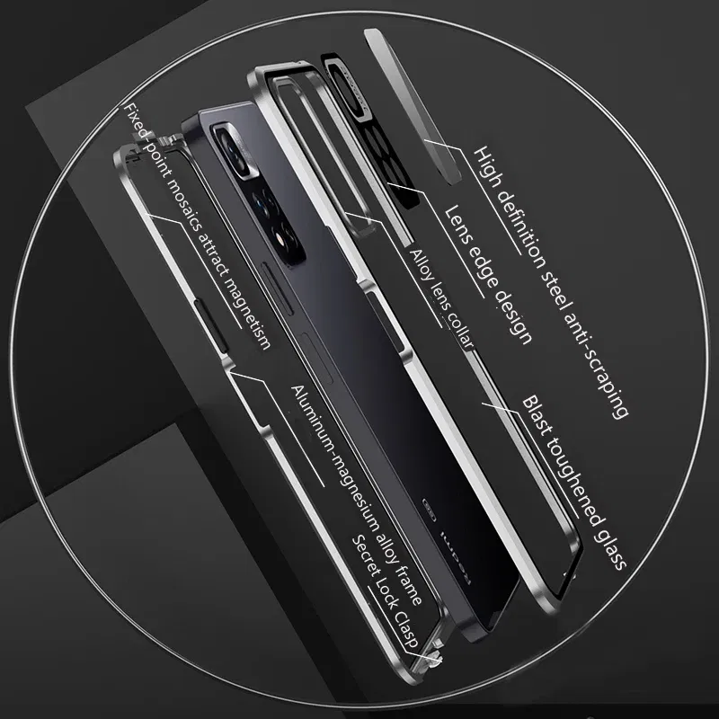 Color: Silver, Bundle: Case & Screen Protector, Material: aluminum - Full Protection Case Metal Magnetic Double Sided Glass Snap Lock Case For XiaoMi Redmi Note 13 Pro Plus 5G Bumper Phone Cover