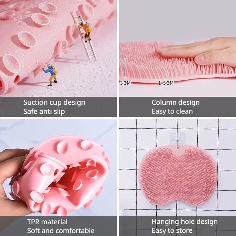 Color: GRAY - Non-slip Shower Mat Silicone Massage Wash Foot Pad Bath Massage Brush Pad Bathroom Rub Back Brush with Sucker Cleaning Tools