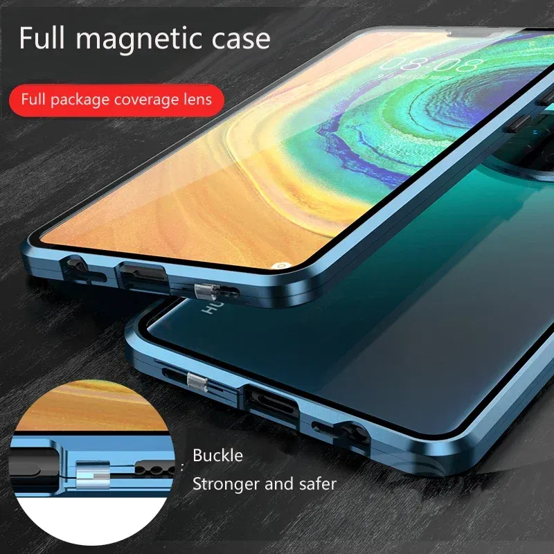 Color: black, Material: Microfiber - Double Sided Glass Magnetic Metal Snap Lock Phone Case For Honor Magic 4 5 Ultimate 6 Lite 7 Pro Lens Protection Cover Cases