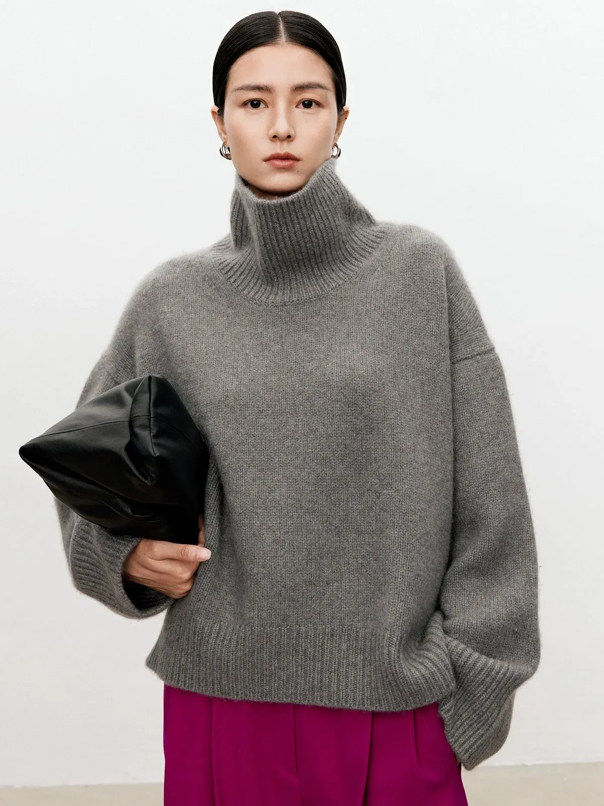 Color: black, Size: L, Ships From: CHINA - Turtleneck pure cashmere sweater female loose and thick languid lazy wind pullover sweater knitting base WOOL sweater
