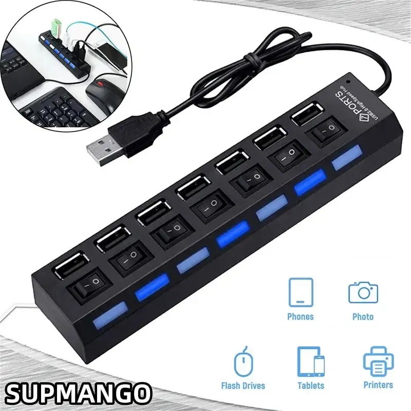 Color: black - USB HUB USB Switch Hub 2.0 Adapter High Speed Multi 7 Ports Hub USB On Off Portable Splitter For Computer Laptop