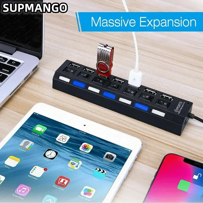Color: black - USB HUB USB Switch Hub 2.0 Adapter High Speed Multi 7 Ports Hub USB On Off Portable Splitter For Computer Laptop