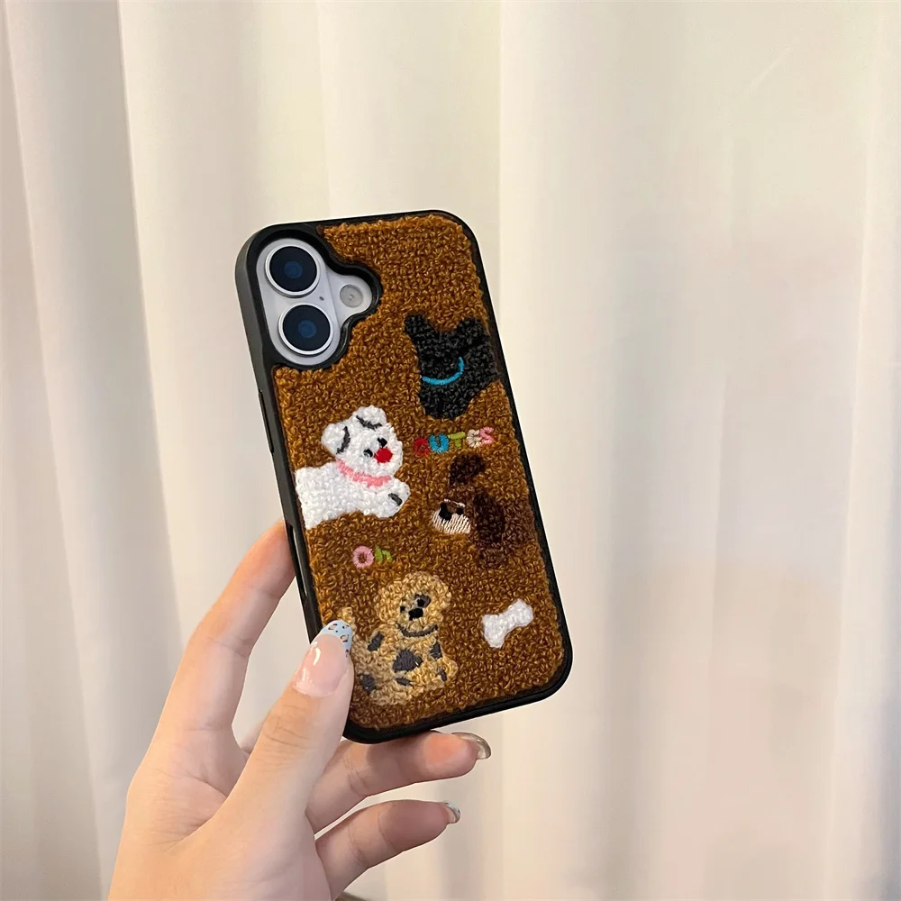 Color: black, Material: Cotton Fabric - Luxury Cartoon Embroidery Cute Dog Cats Colorful Dots Phone Case For iPhone 13 14 15 16 Pro Max Plush Winter Shockproof Cover
