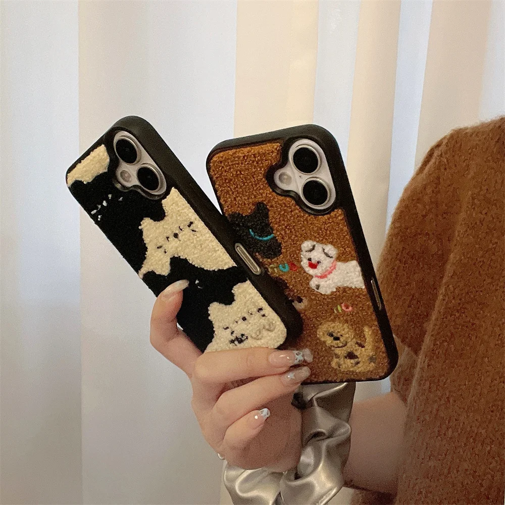 Color: black, Material: Cotton Fabric - Luxury Cartoon Embroidery Cute Dog Cats Colorful Dots Phone Case For iPhone 13 14 15 16 Pro Max Plush Winter Shockproof Cover