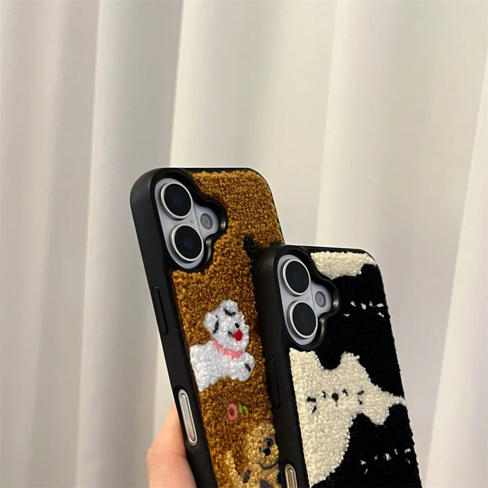 Color: black, Material: Cotton Fabric - Luxury Cartoon Embroidery Cute Dog Cats Colorful Dots Phone Case For iPhone 13 14 15 16 Pro Max Plush Winter Shockproof Cover