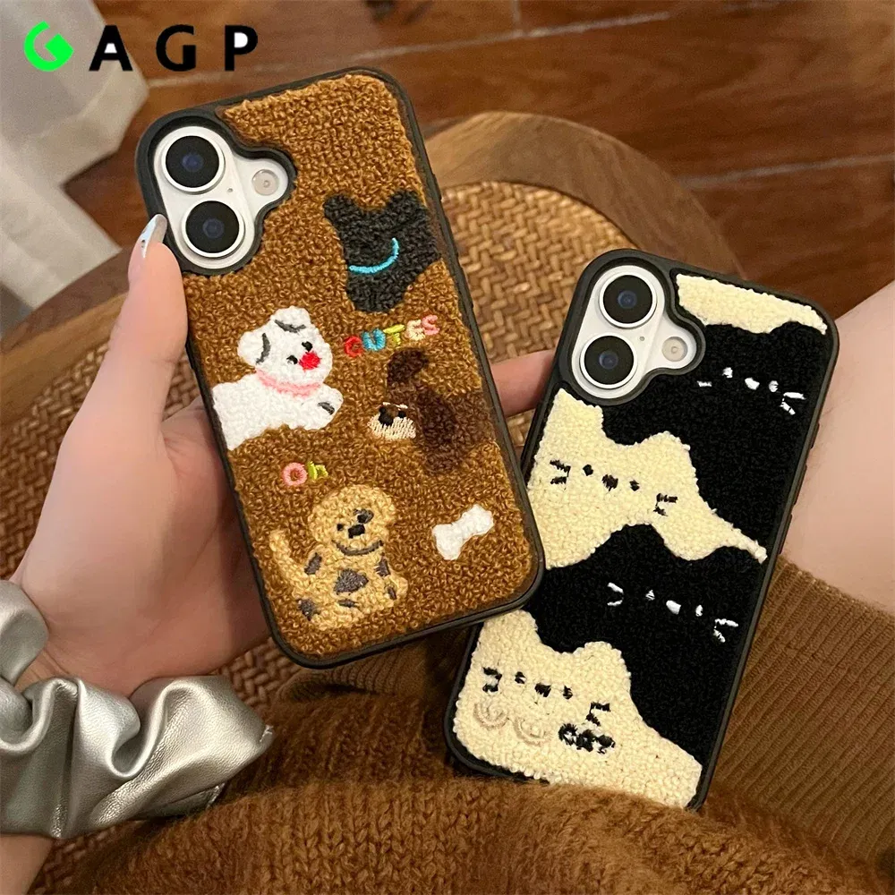 Color: black, Material: Cotton Fabric - Luxury Cartoon Embroidery Cute Dog Cats Colorful Dots Phone Case For iPhone 13 14 15 16 Pro Max Plush Winter Shockproof Cover