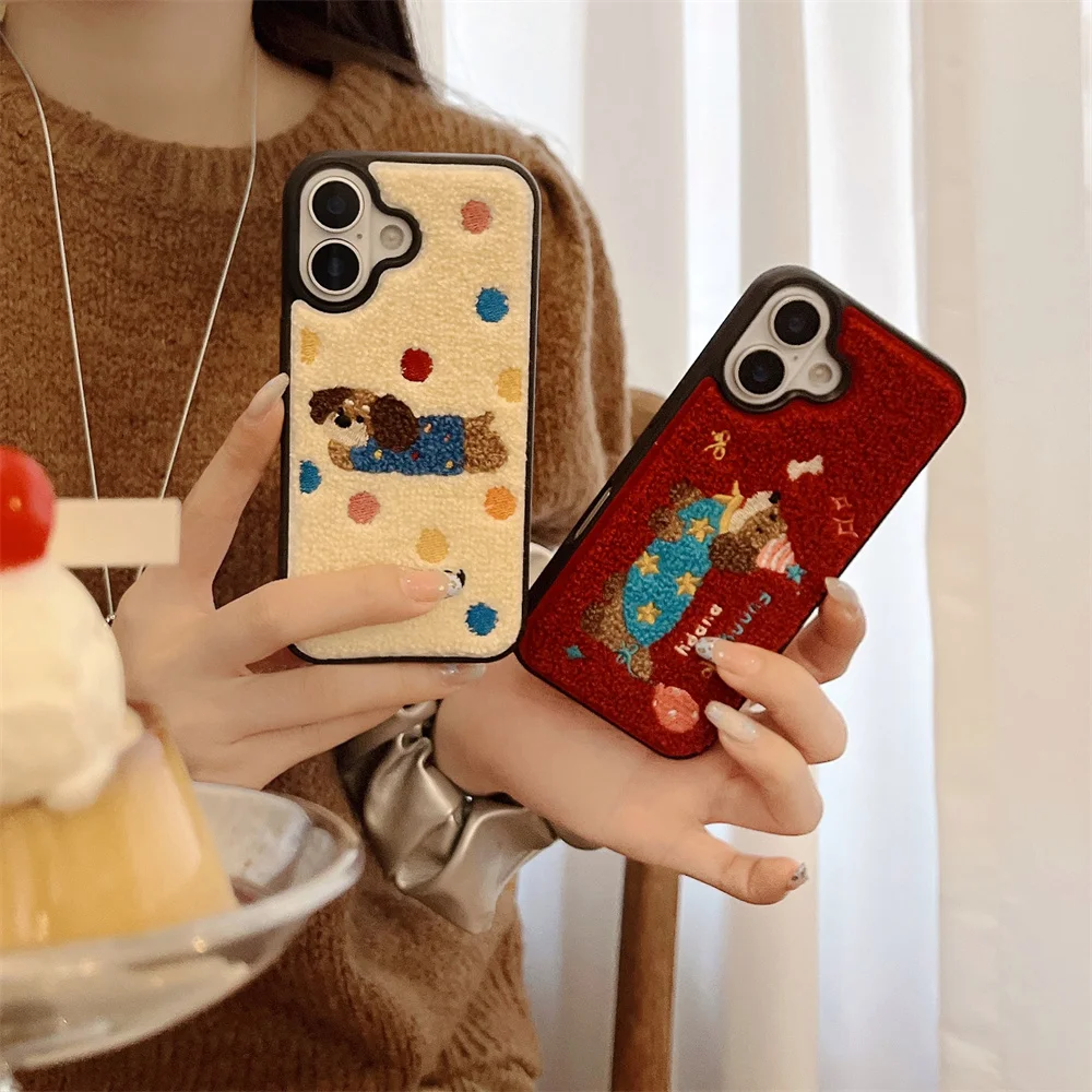 Color: black, Material: Cotton Fabric - Luxury Cartoon Embroidery Cute Dog Cats Colorful Dots Phone Case For iPhone 13 14 15 16 Pro Max Plush Winter Shockproof Cover