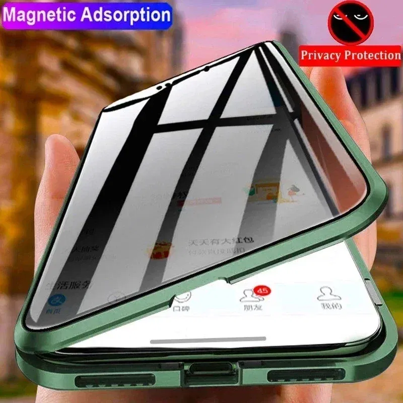 Color: PURPLE, Material: ABS - Double-Sided Privacy Magnetic Case For iPhone 16 12 13 14 15 11 Pro Max 14 Plus 16 Plus Anti Peeping Full Cover Metal Frame Case