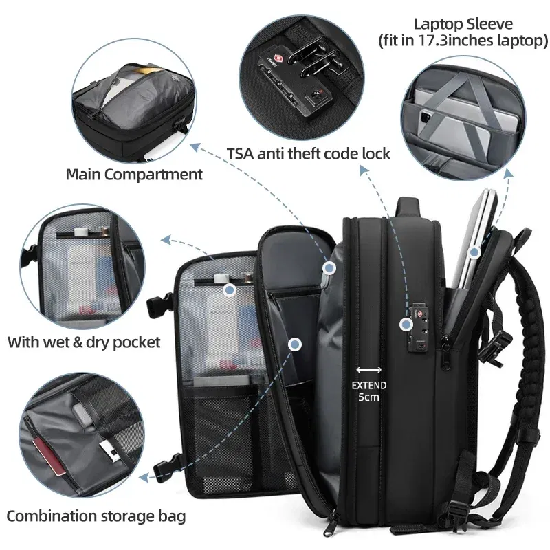 Color: GRAY - Men Travel Backpack vacuum compression Laptop Backpack 17 inch Extended Large Capacity school Backpack Hiking Business backpack