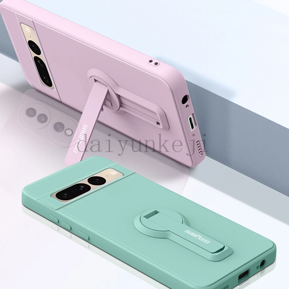 Color: SKY BLUE, Material: aluminum - Phone Case For Google Pixel 7 8 6 5 9 Pro XL Pixel 7A 6A 5A 8A 9A Soft Cover Silicone Case with Holder Stand Bracket Lanyard