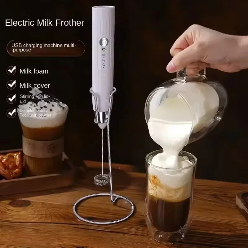 Color: Light Grey - 2-in-1 multi-function USB Rechargeable Electric Egg Beater Baking Mixer Milk Frother Kitchen Gadgets Coffee Stirrer Tools Dining