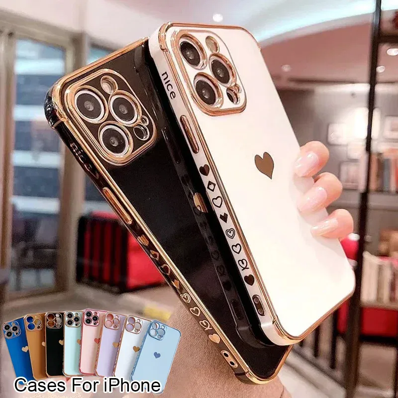 Color: black, Ships From: CN, Material: Cotton Fabric - Electroplating Side Love Heart Phone Case For IPhone 16 15 14 13 12 11 Pro Max XR 8 Plus SE2/SE3 Shockproof Back Cover
