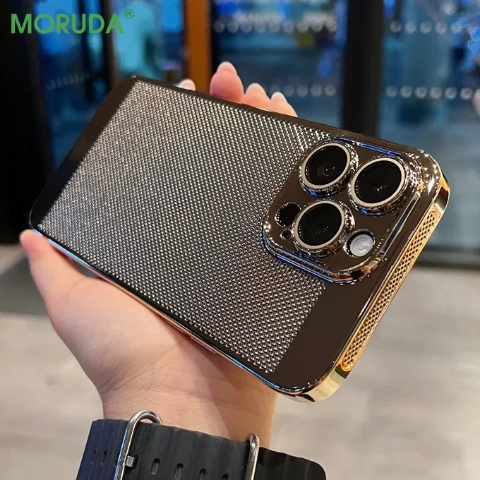 Color: Silver, Material: Polyester - Luxury Plating Hollowed Out Case for iPhone 12 13 Mini 11 14 Pro Max X XR Xs Max 7 8 Plus Heat Dissipation Shockproof Lens Cover