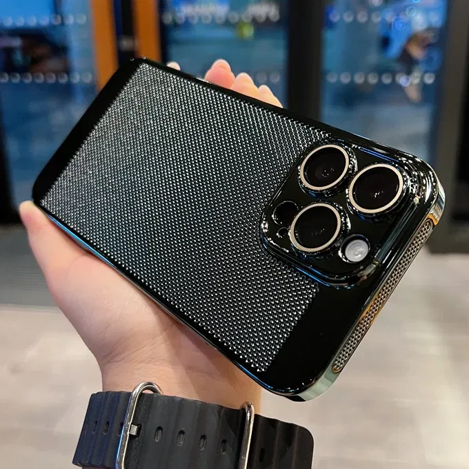 Color: Silver, Material: Polyester - Luxury Plating Hollowed Out Case for iPhone 12 13 Mini 11 14 Pro Max X XR Xs Max 7 8 Plus Heat Dissipation Shockproof Lens Cover