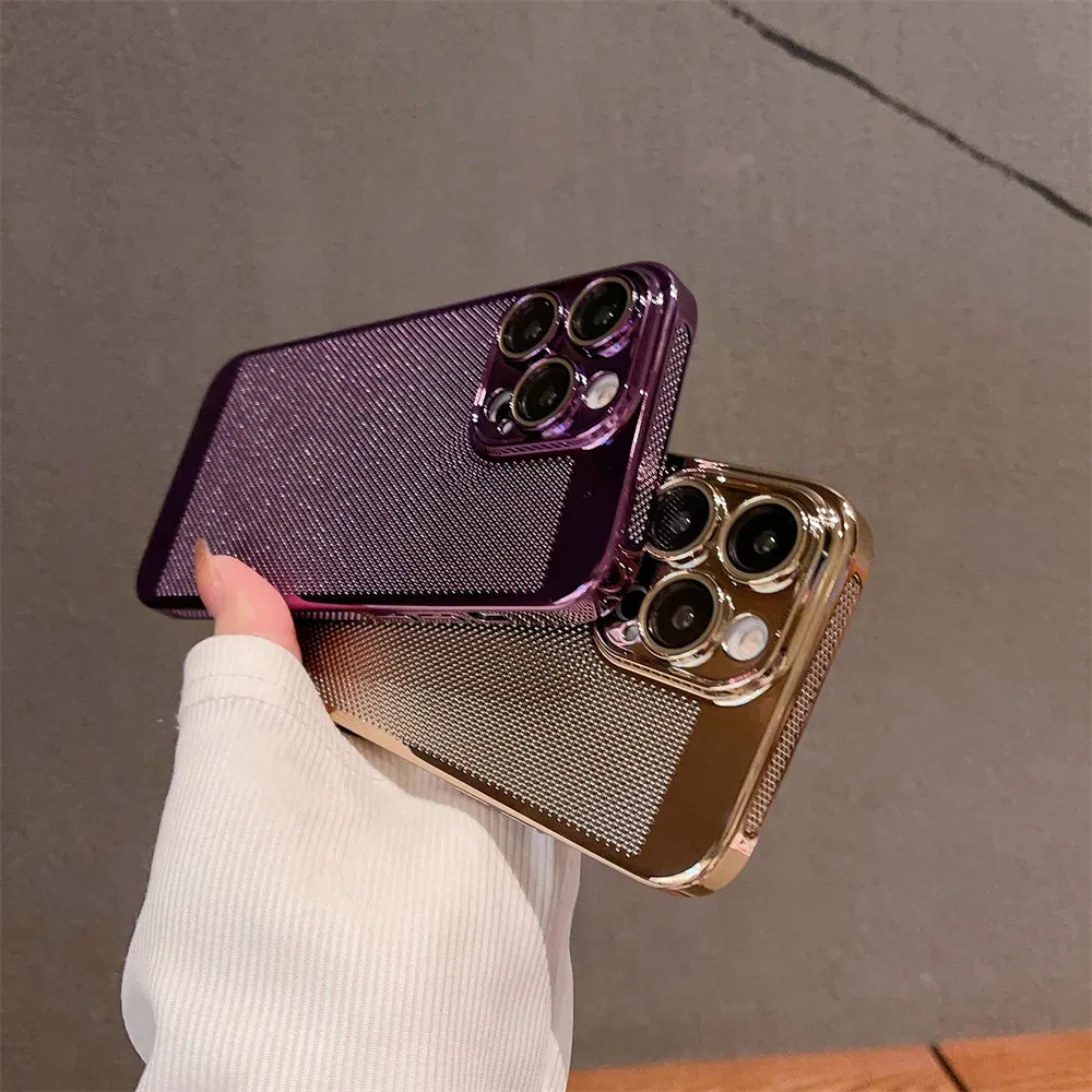 Color: Silver, Material: Polyester - Luxury Plating Hollowed Out Case for iPhone 12 13 Mini 11 14 Pro Max X XR Xs Max 7 8 Plus Heat Dissipation Shockproof Lens Cover