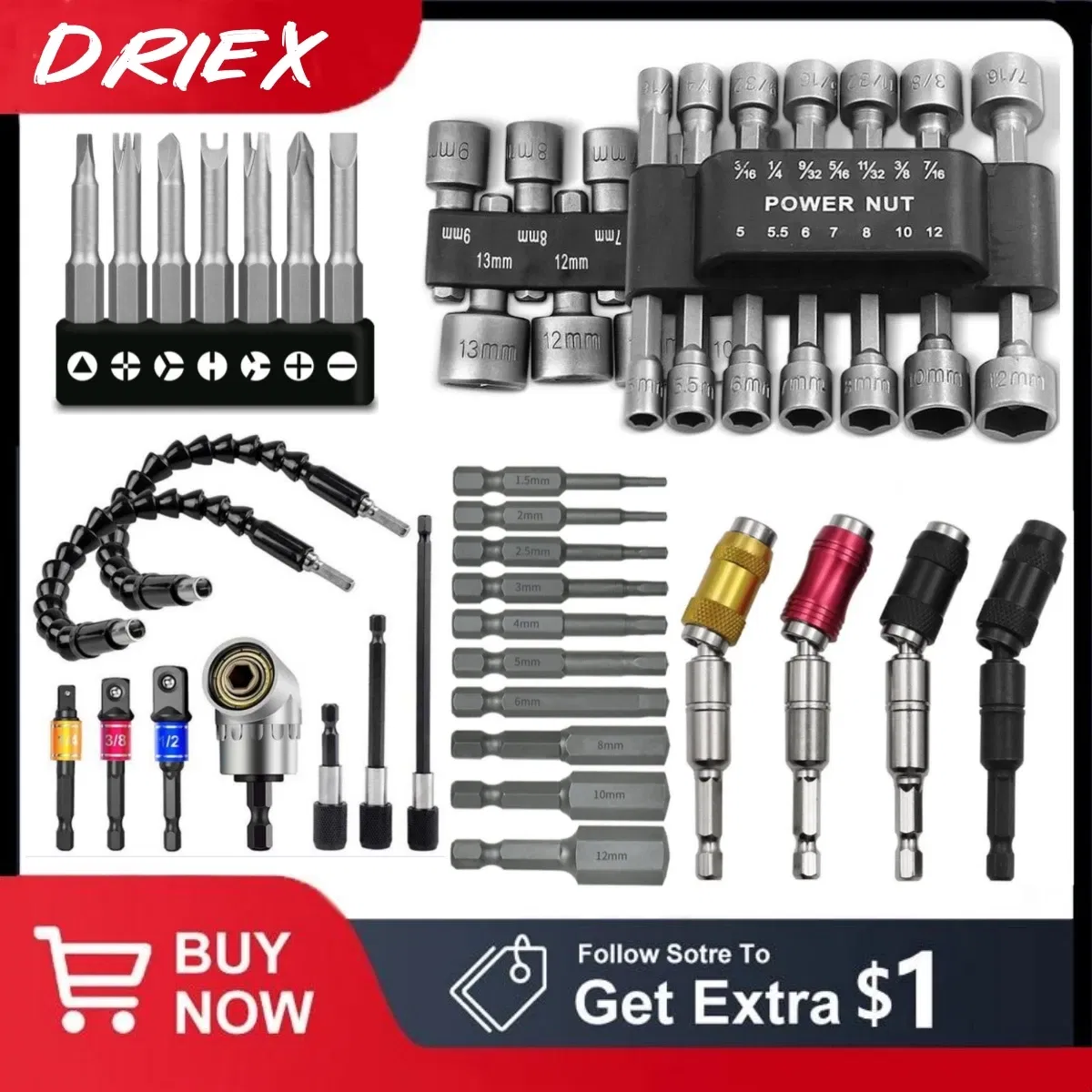 Color: Beige - Flexible Drill Extension Hex Shank Drill Nut Driver Bit Set Bendable Drill Bit Extension+ScrewdriverBit+Universal Socket Adapter