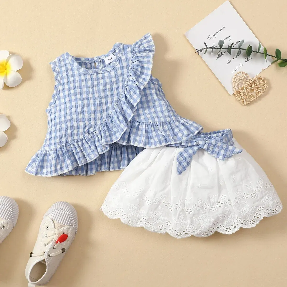 Kid Size: 3T, Color: Yellow - Charming Girls' Summer Ensemble: Sleeveless Plaid Ruffle Top & Lace Hem Skirt - Comfy, Durable & Stylish