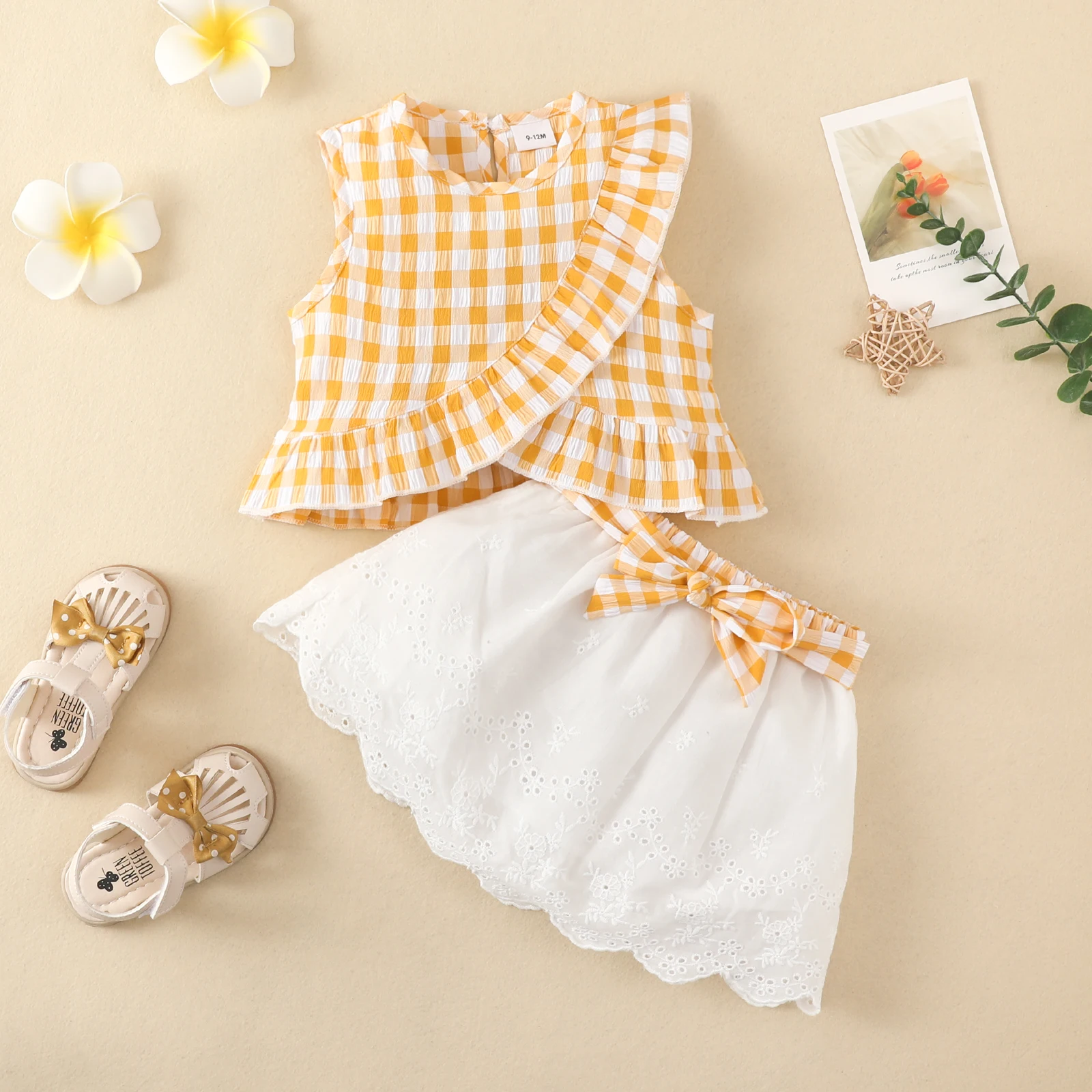 Kid Size: 3T, Color: Yellow - Charming Girls' Summer Ensemble: Sleeveless Plaid Ruffle Top & Lace Hem Skirt - Comfy, Durable & Stylish