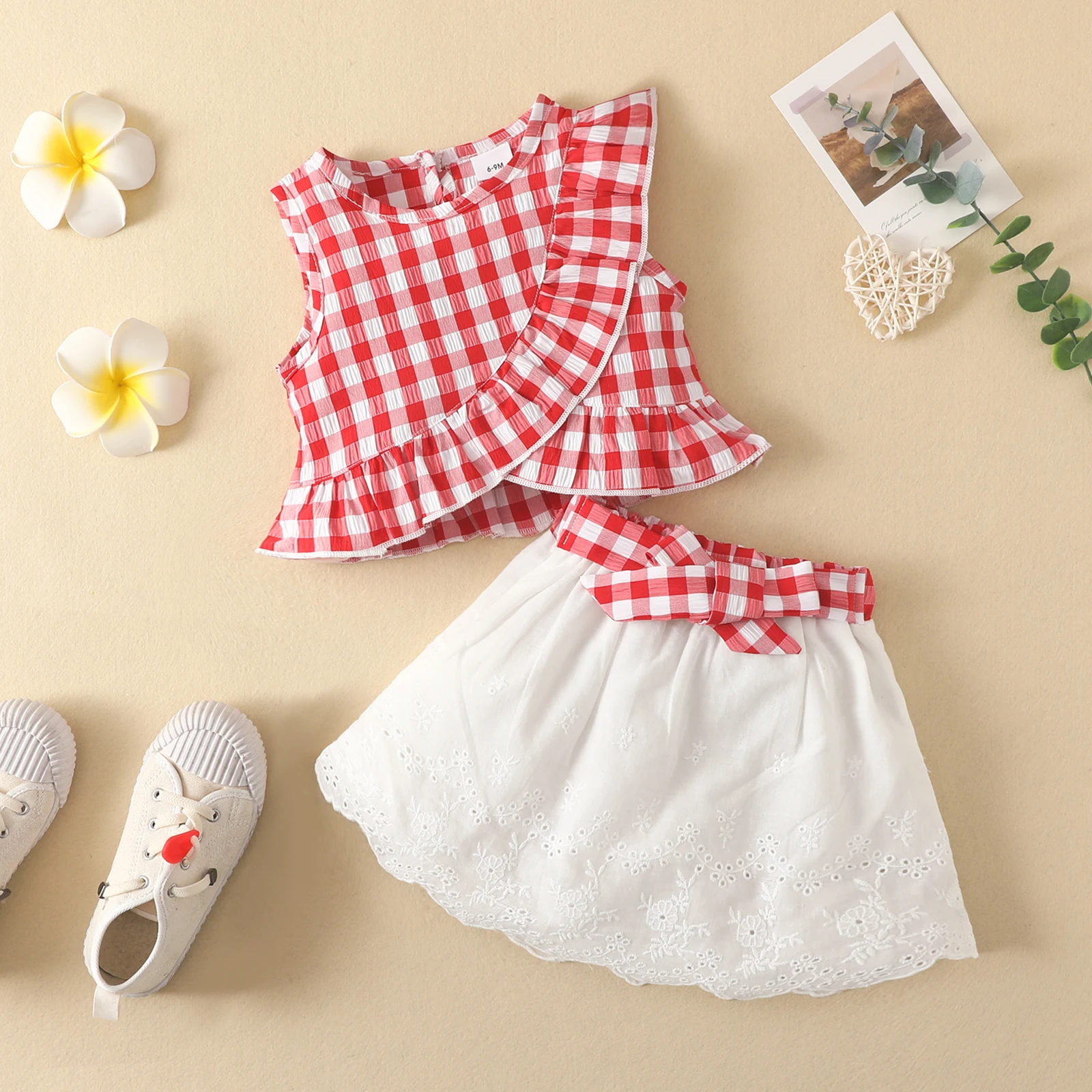 Kid Size: 3T, Color: Yellow - Charming Girls' Summer Ensemble: Sleeveless Plaid Ruffle Top & Lace Hem Skirt - Comfy, Durable & Stylish