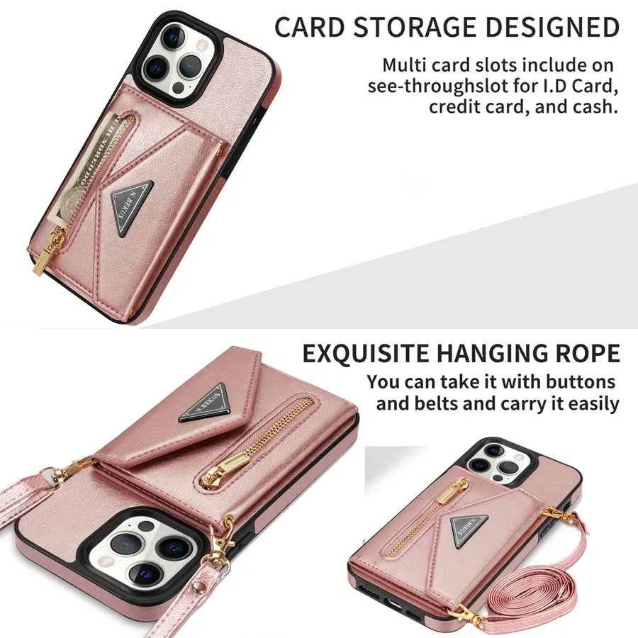 Color: black, Material: PC - Wallet Side Card Zipper Flip Crossbody Leather Case For iPhone 15 14 Pro Max 13 Mini 12 11 SE 2022 2020 X XS XR 8 7 6 6s Plus