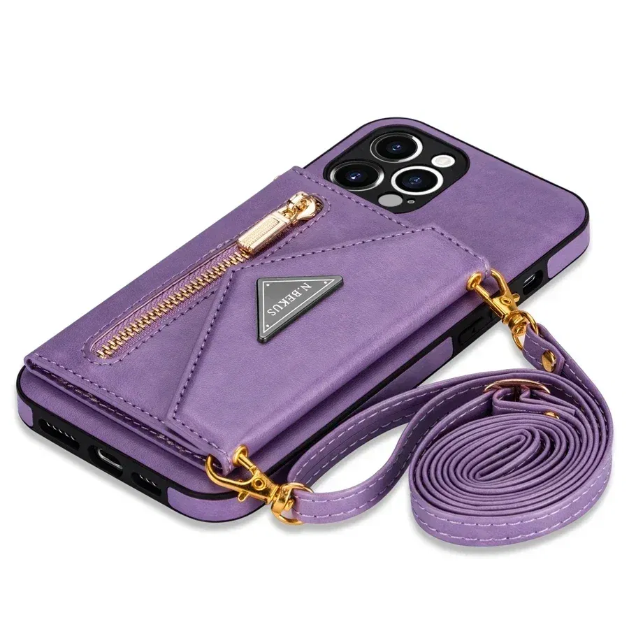 Color: black, Material: PC - Wallet Side Card Zipper Flip Crossbody Leather Case For iPhone 15 14 Pro Max 13 Mini 12 11 SE 2022 2020 X XS XR 8 7 6 6s Plus