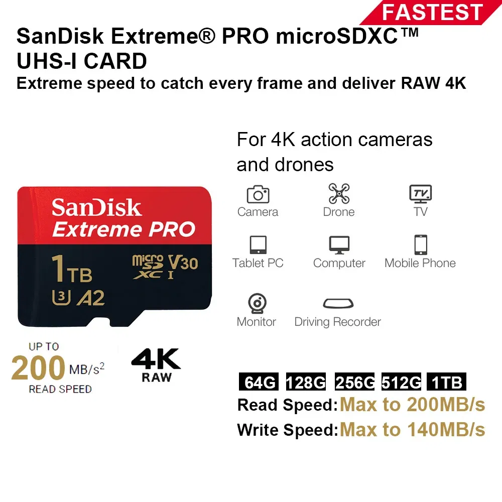 Capacity: 512GB - SanDisk Micro SD Memory Card 100% Original C10 U1 U3 4K HD Trans Flash Cards for Camera GoPro DJI Nintendo Switch MicroSDXC Card