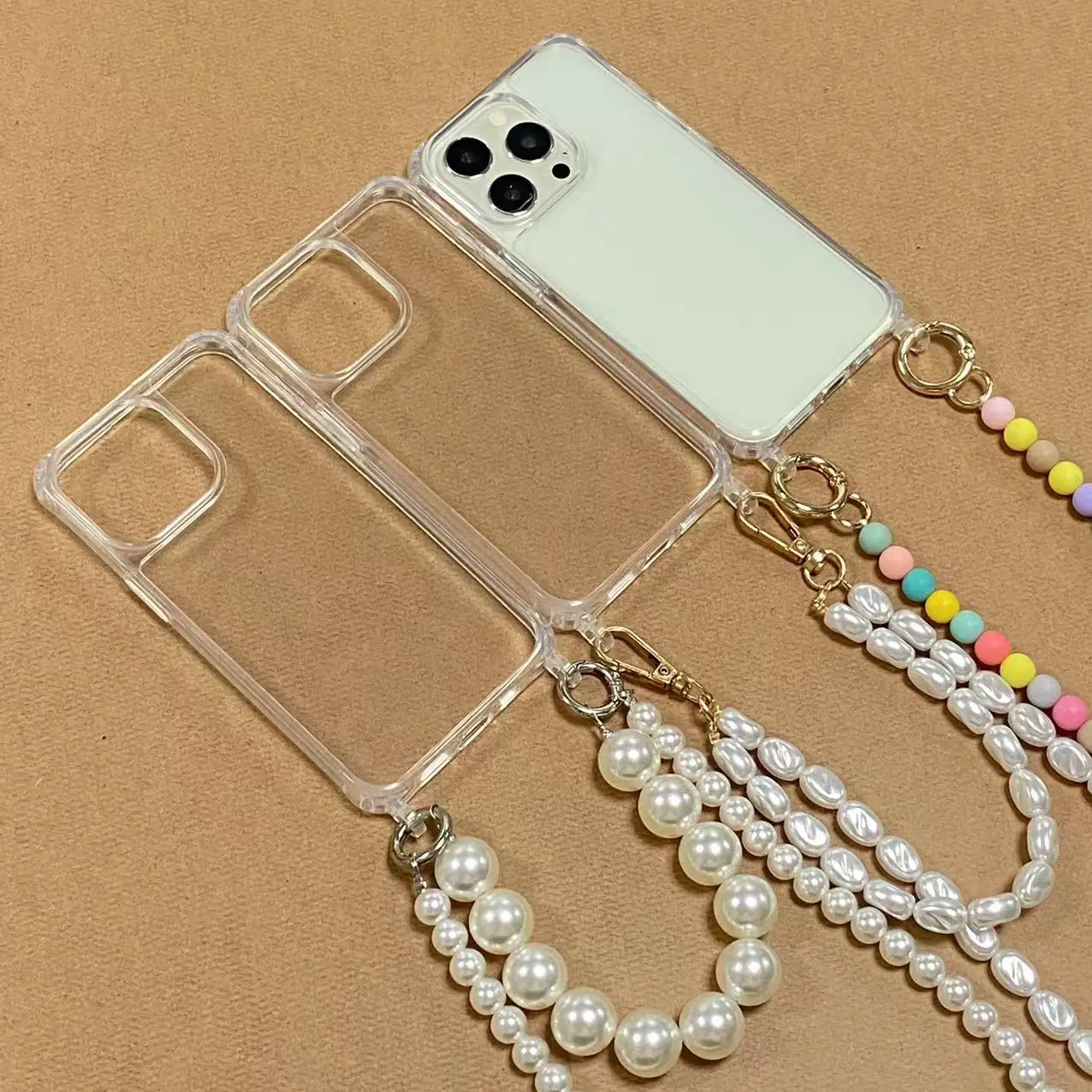 Color: Clear, Bundle: Case & Strap, Material: Plastic - Korean Pearl Bracelets Chain Case with Lanyard Aesthetic Luxury Shell for Iphone 15 12 14 Pro Max XR X XS 7 8 Plus 15 Pro Cover