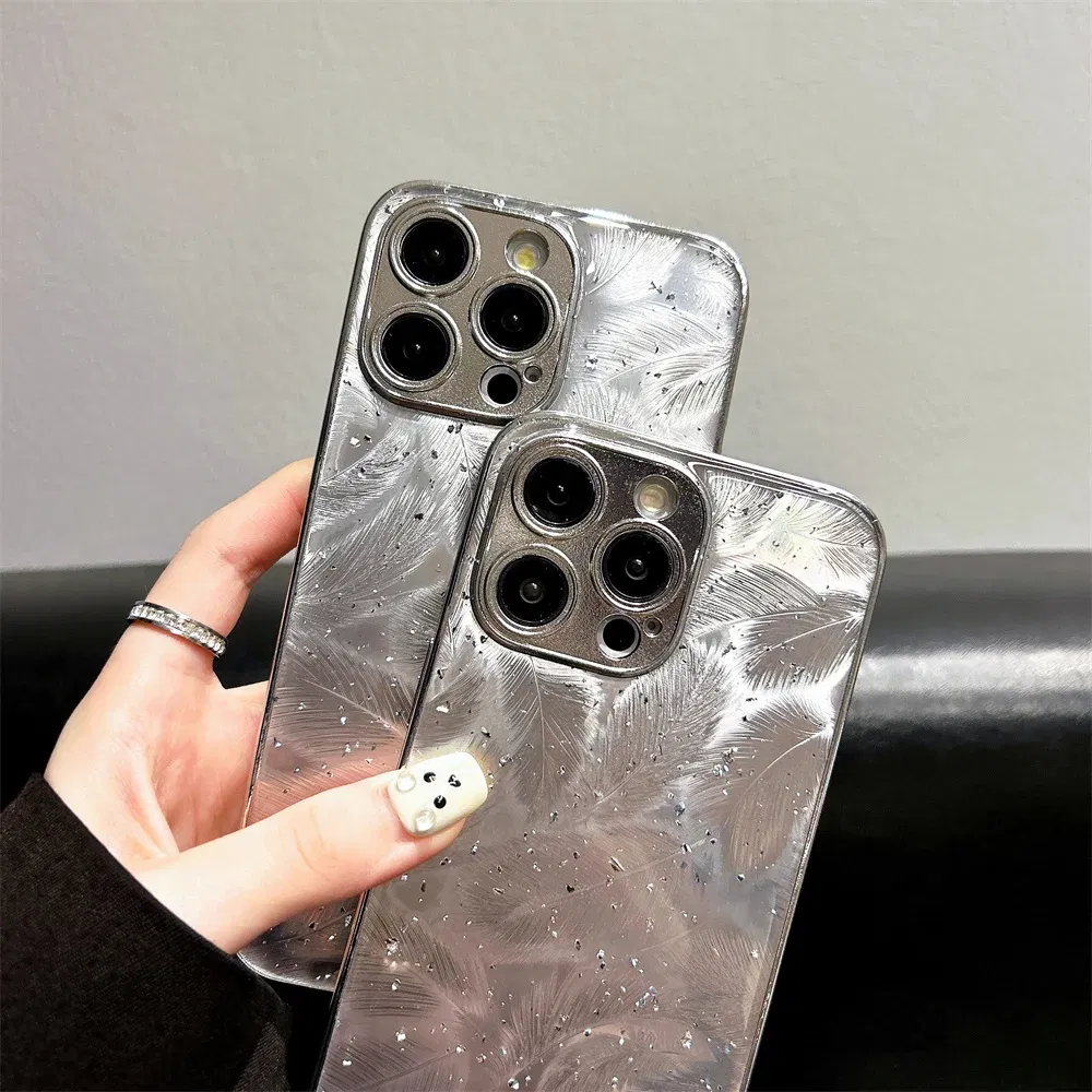 Color: Beige, Material: ABS - Luxury Plating Feather Phone Cover For iPhone 12 Pro 14 13 11 15 Pro Max Hard Anti-drop Lens Protection Case For iPhone 15 Plus