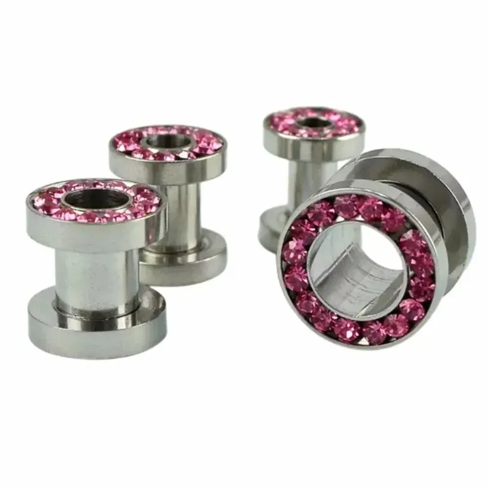 Metal color: Light Yellow Color, Main Stone Color: PURPLE - 2pc Steel Multicolour Crystal Ear Plug Flesh Tunnel 8g ( 3mm ) - 1" ( 25mm ) Gauge Expander Stretcher Screw Fit