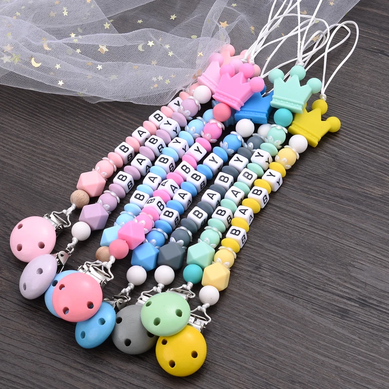 Color: Light Blue - New Baby Crown Pacifier Clips Silicone Pacifier Chains Handmade Toddler Teething Chain Nipple Clip Chew Toys Not Customized
