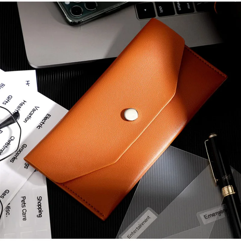 Color: Brown - Ultra-thin Cash Envelope Wallet Wear-resistant PU Leather Money Binder Organizer Waterproof Pouch Name Card Holder Male Female
