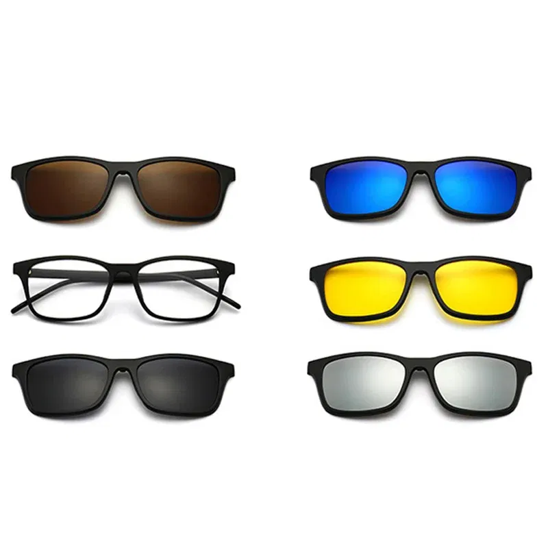 Lenses Color: Brown, Ships From: CHINA, Frame Color: WHITE - 6 In 1 Magnetic Clip Sunglasses And Prescription Glasses Frame Men Women Polarized or Night Vision Lenses PC or TR90 Frame 2333