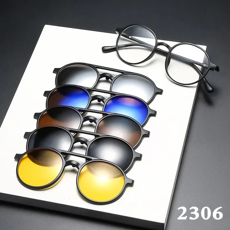 Lenses Color: Brown, Ships From: CHINA, Frame Color: WHITE - 6 In 1 Magnetic Clip Sunglasses And Prescription Glasses Frame Men Women Polarized or Night Vision Lenses PC or TR90 Frame 2333