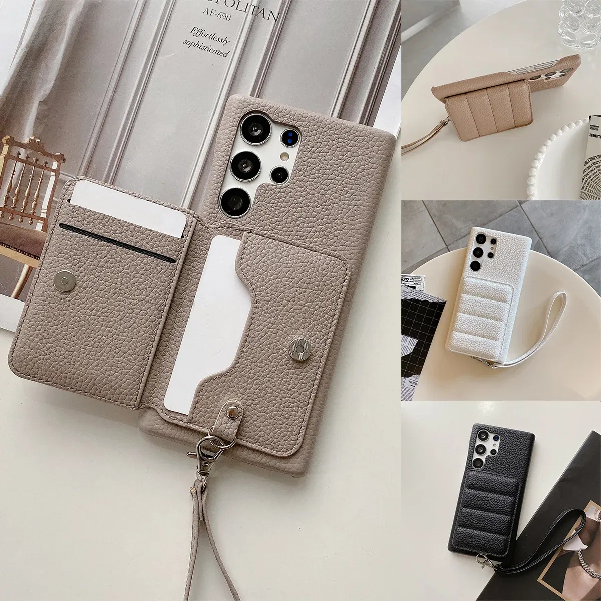 Color: GRAY, Material: ABS - Luxury Lanyard Wallet Case For Samsung Galaxy S21 FE S22 S23 Plus Note 20 Ultra A52 A53 A54 5G Lichee Pattern Leather Cover