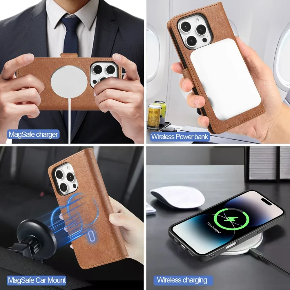 Color: Blue, Material: Leather - 2 in 1 MagSafe Wallet Case for IPhone 16 Promax 15 Plus 14 Pro Max 13 12 Iphone16 Magnetic Wireless Charging Phone Cover