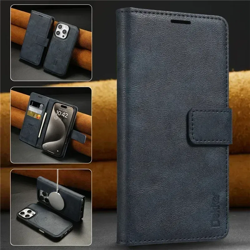 Color: Blue, Material: Leather - 2 in 1 MagSafe Wallet Case for IPhone 16 Promax 15 Plus 14 Pro Max 13 12 Iphone16 Magnetic Wireless Charging Phone Cover
