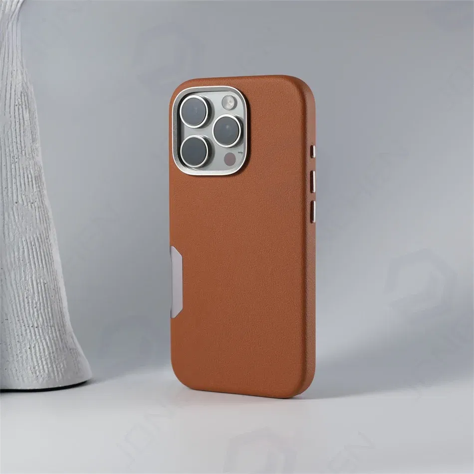 Color: Brown, Material: Genuine Leather - Aluminium Camera Button For iPhone 16 Pro Max Case Solid Leather Alloy Len Magnetic Wireless Charge Shockproof Cover For Magsafe