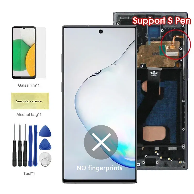 Color: black, Ships From: CHINA - Top AMOLED Note 10 Plus Screen for Samsung Galaxy Note10+ N975F Lcd Display Touch Screen Support S Pen Fingerprints with Frame