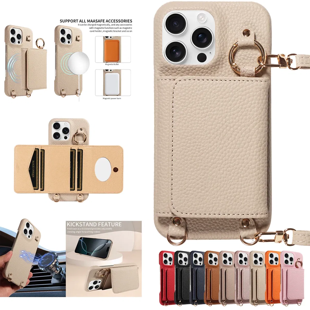 Color: Blue, Bundle: Case & Strap, Material: Artificial Leather, Compatibility by Model: iPhone 14 Plus - For IPhone16 15 Pro Max 14 13 12 Series PU Leather Magsafe Magnetic Wireless Charging Shockproof Crossbody Wallet Phone Case