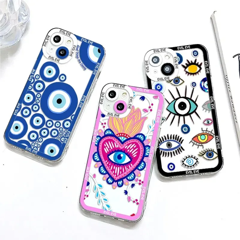 Color: Beige, Material: EVA - Blue Evil Eye Phone Case For Samsung Galaxy S10 S20 S21 S22 S23 S24 FE Plus Ultra Note 20 Transparent TPU Case